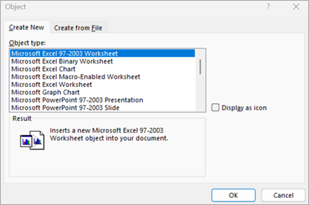 Screenshot showing the Object dialog box you use to insert an object into your Word document.