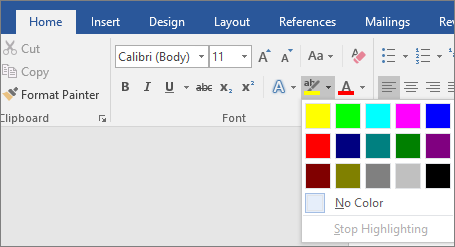 The Text Highlight Color options are shown on the Home tab.