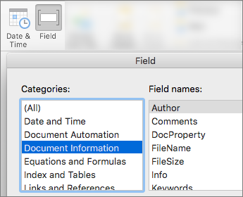 Screenshot that shows field codes filtered by Document Information category