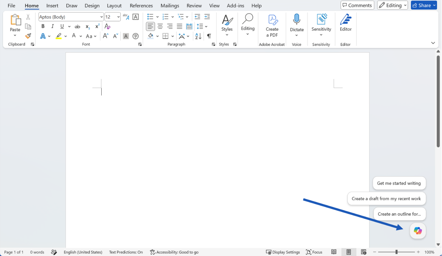Copilot Dynamic Action Button in the bottom corner of a Word document.