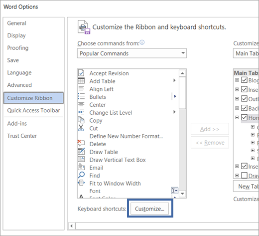The Customize button in the Customize the Ribbon and keyboard shortcuts pane