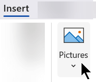 On the Insert tab of the ribbon, select Insert, then select Pictures.