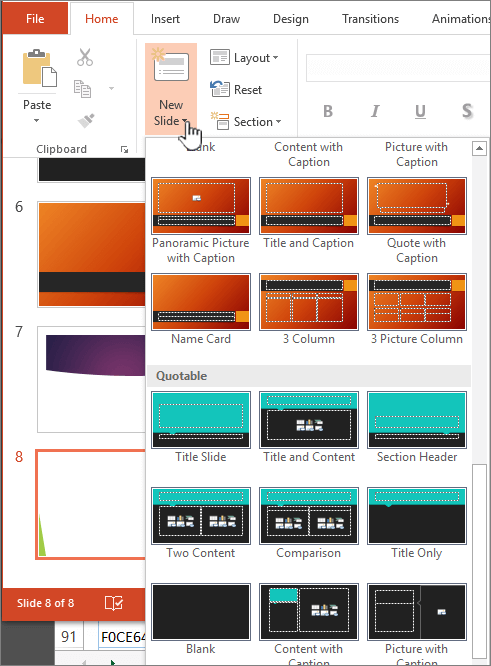 Click arrow next to New slide for selection of masters