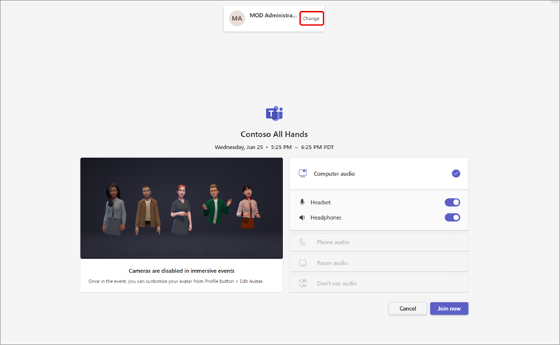Screenshot highlighting where to change accounts on an immersive event's pre-join screen.