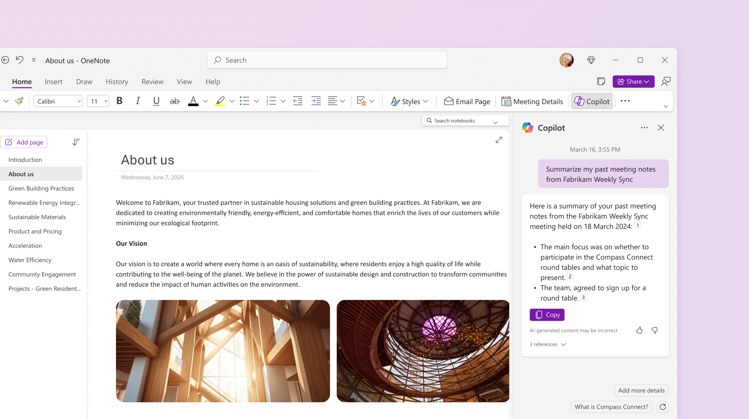 Screenshot shows Copilot in OneNote summarizing the note.