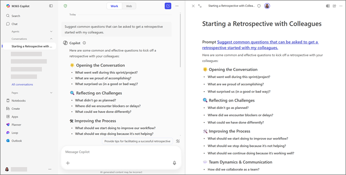 Side-by-side view of Copilot Chat and Copilot Pages in the Microsoft 365 Copilot app.