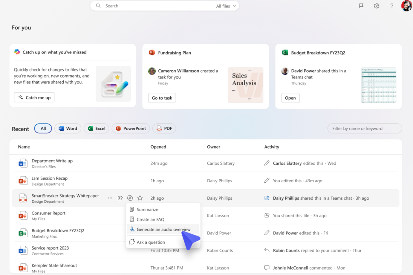 Screenshot of Copilot in OneDrive audio overview file dashboard.