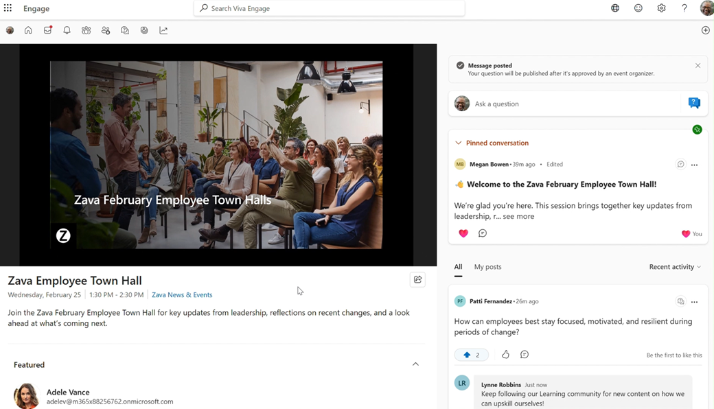 Screen shot of a sample broadcast event. It shows a video feed along with a comment thread associated with the event.