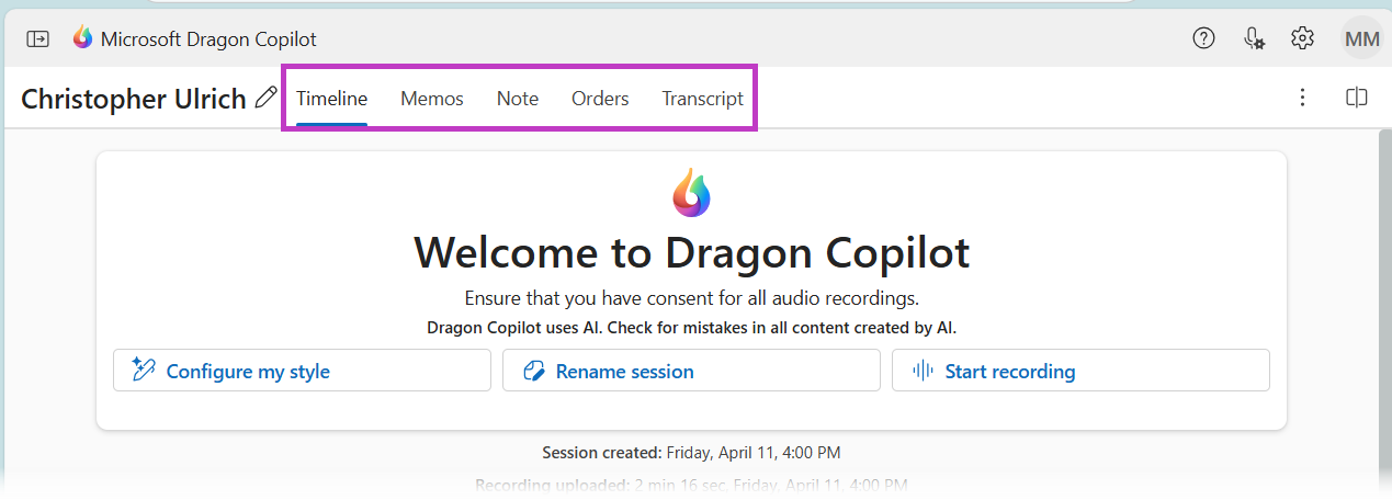 Top of Dragon Copilot screen with session tabs highlighted