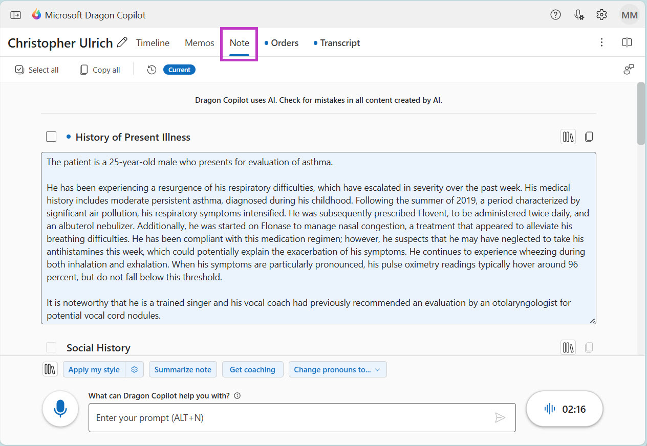 Example of a clinical note in Project Flame