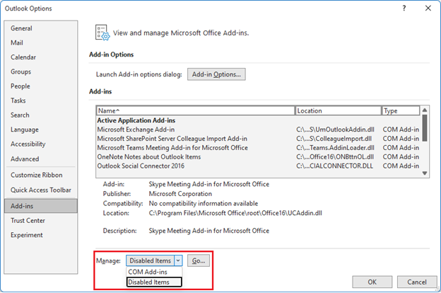 Screenshot of Outlook options window