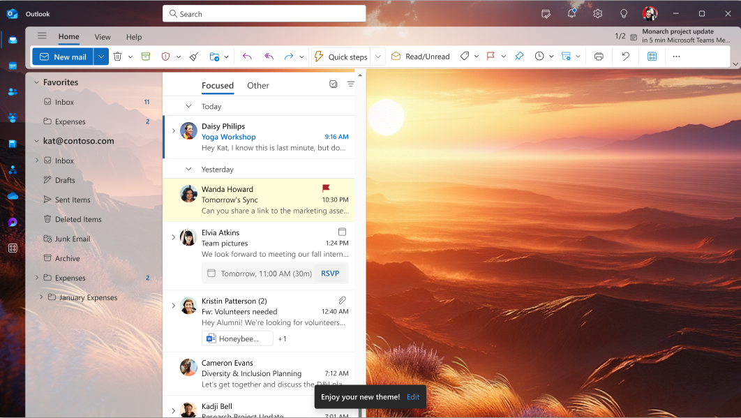A screen showing how a theme looks when applied on the new Outlook for Windows