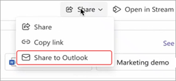 Screenshot highlighting how to share AI notes in Outlook from a meeting recap.