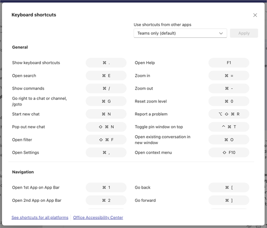 Screenshot of the Microsoft Teams "Keyboard shortcuts" setting window, highlighting "Use shortcuts from other apps" dropdown.
