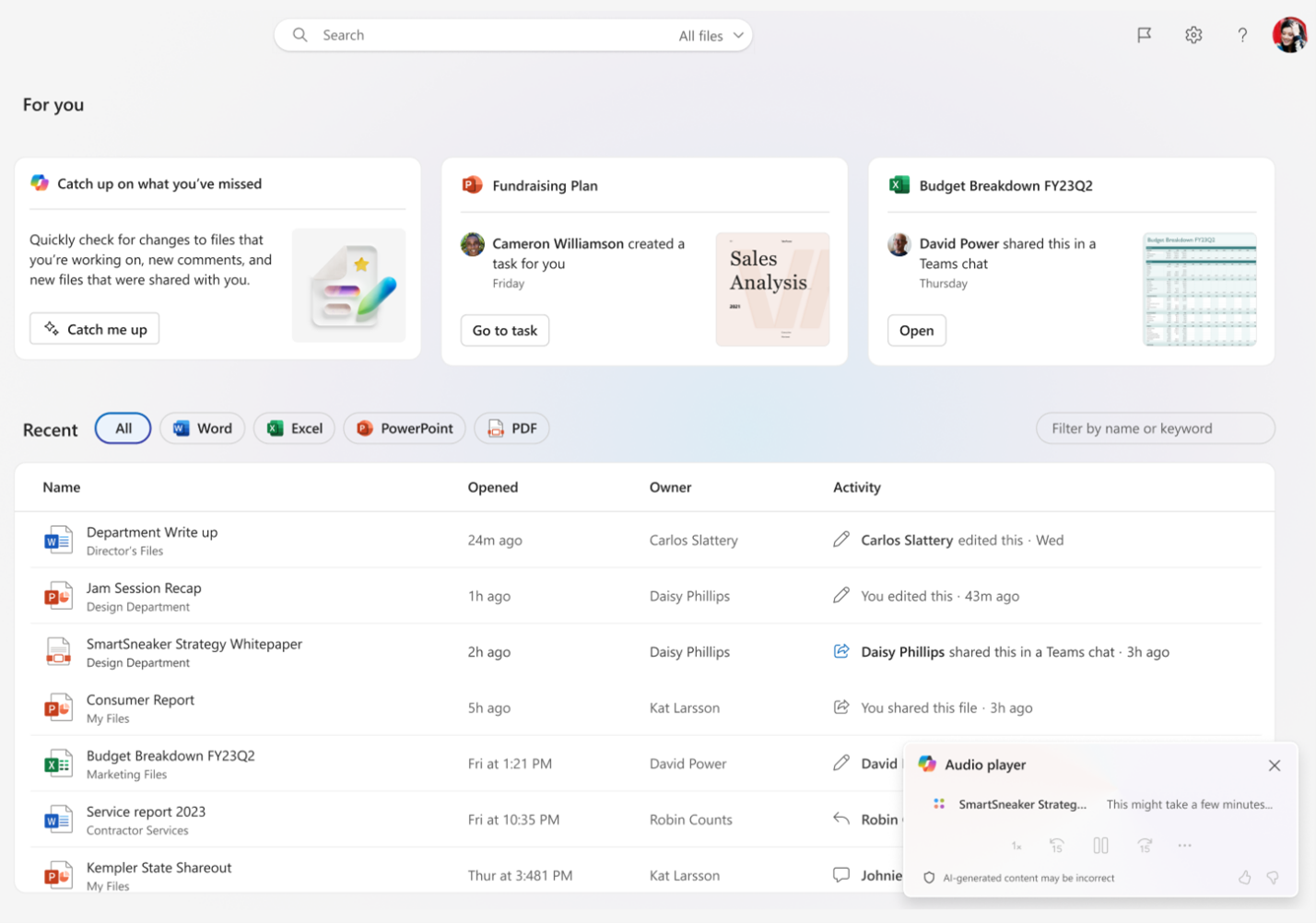 Screenshot of OneDrive account showing generate audio overview of a file that was created using Copilot in OneDrive.