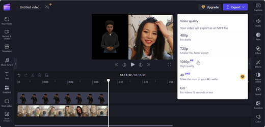 A screenshot of a Clipchamp editor's page depicting 1080p as the recommended video resolution quality for saving the video.