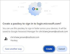 Dialog showing Google Chrome offering to save your Microsoft account passkey