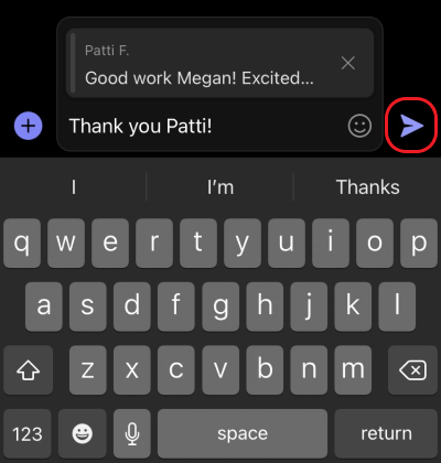 A red circle highlights the send button in the compose box. Inside the compose box, there is a message preview and a typed reply to the message.