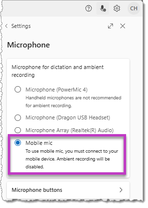 Image of the microphone settings screen with the Mobile mic selected.