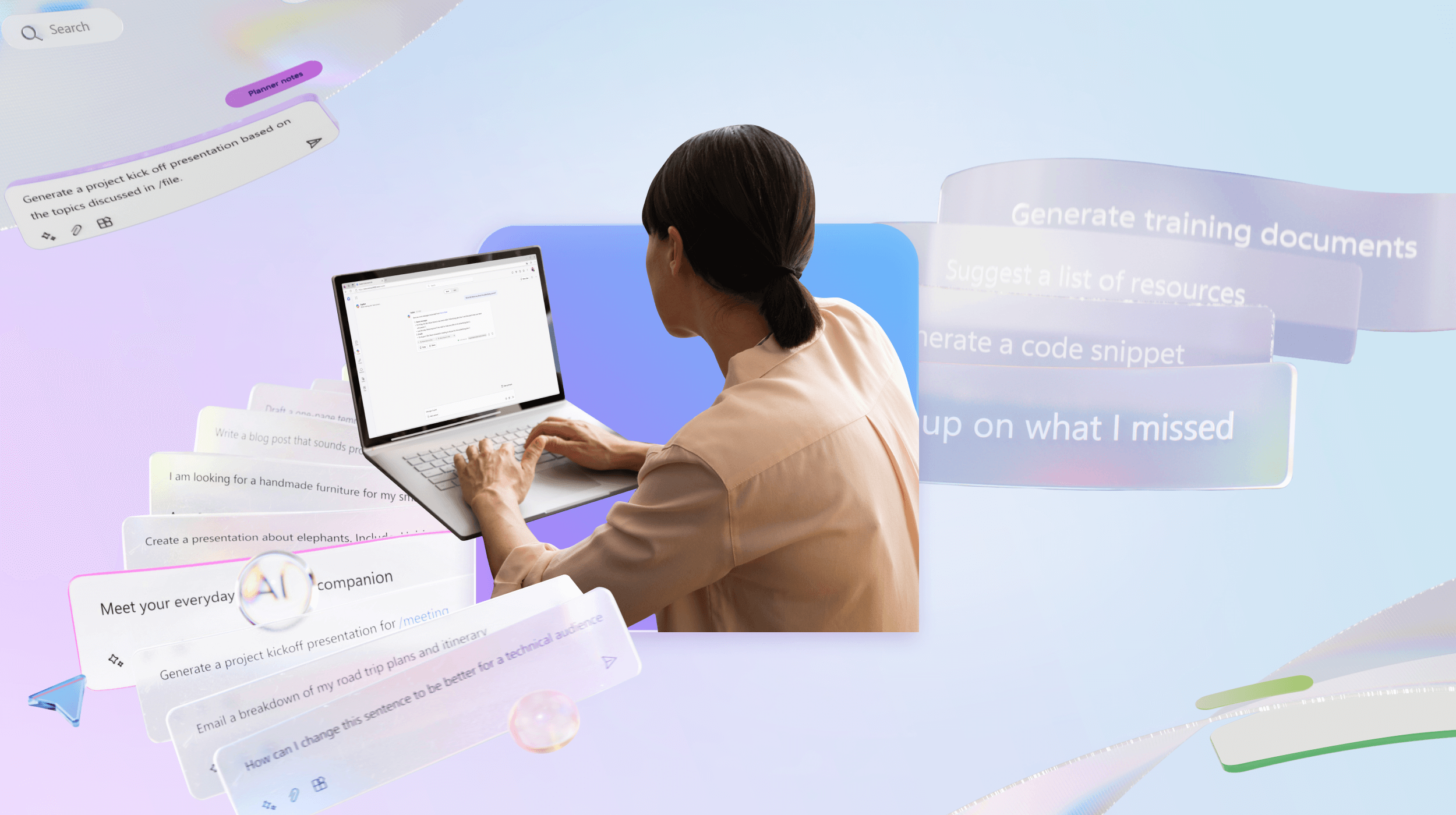 Person sitting at computer with prompts and messages swirling around