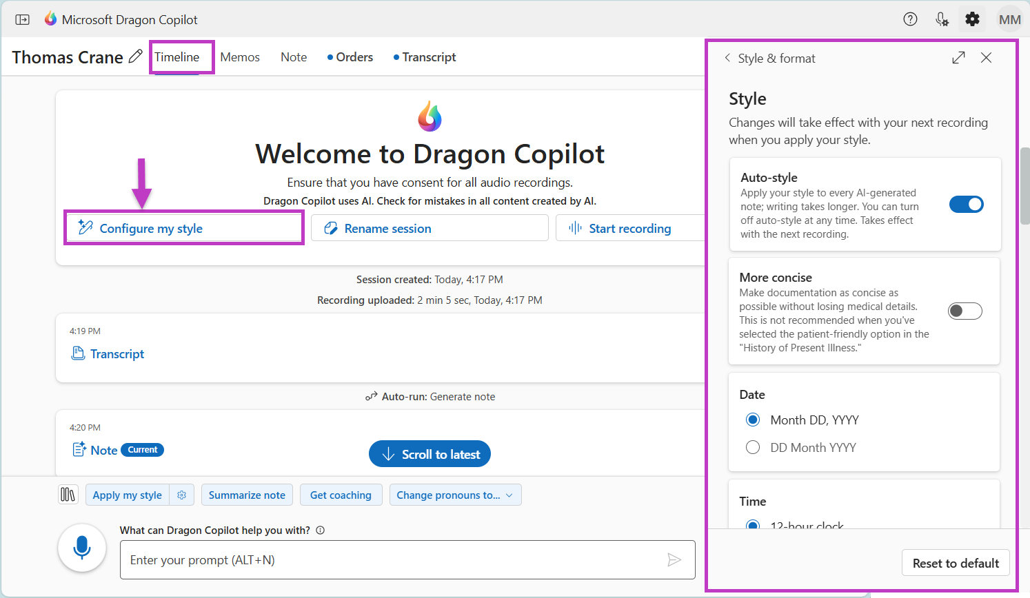 Timeline tab, Configure my style, and Style & format panel highlighted.