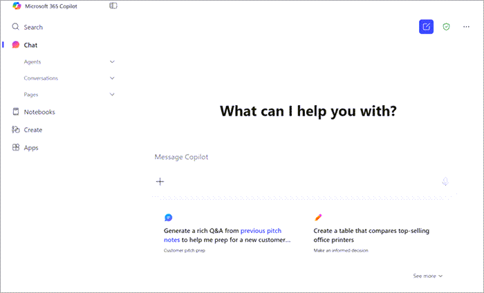 Conceptual image of Chat page on the Microsoft 365 Copilot app