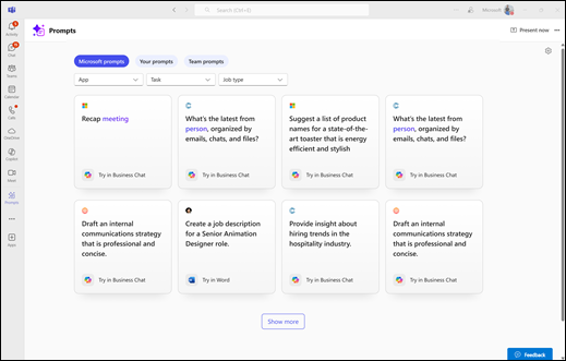 The Prompts app for Copilot Prompt Gallery, showing the Microsoft prompts tab.