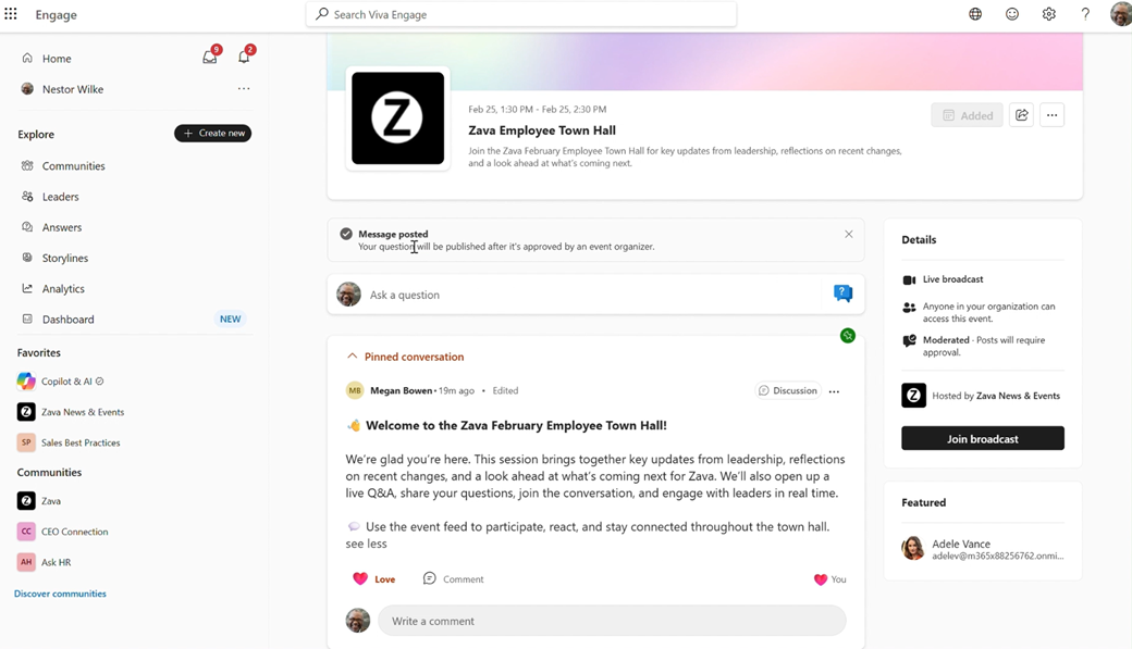 A screen shot of a Broadcast event landing page, with a pinned conversation thread, a Details panel and a Join broadcast button.