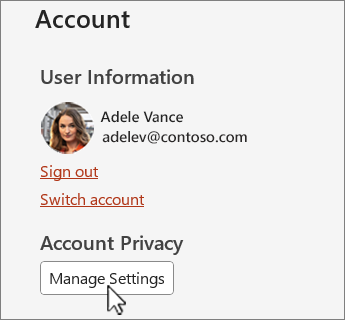 Account dialog with manage settings button seleted.