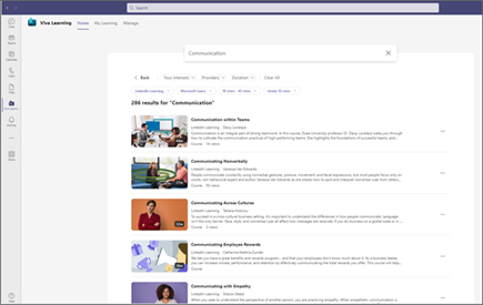 Screenshot of Viva Learning highlighting the filters in a content search that appear below the search bar.