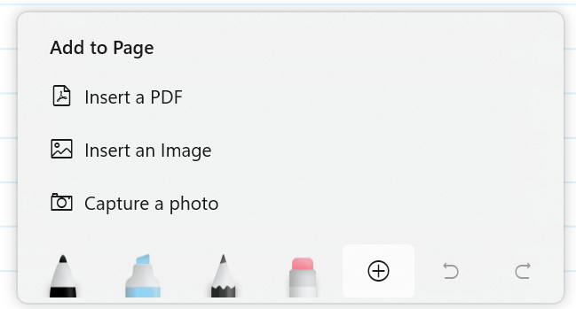 Screen capture of the ink toolbar with the Insert menu extended.