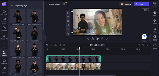A screenshot of a Clipchamp editor's page with the avatar on left side of the stage over the video.