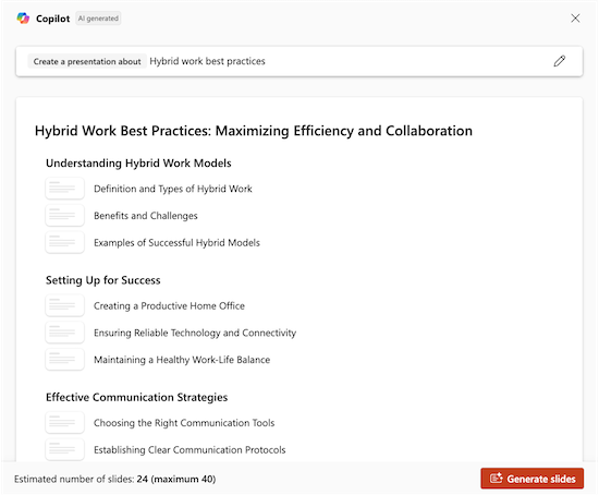 Presentation topics in Copilot for PowerPoint