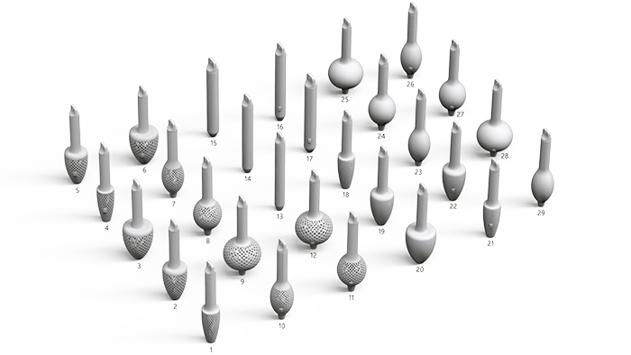 Numbered 3D-printable designs for Surface Pen grips. Corresponding table will have designs labeled and numbered based on this image.
