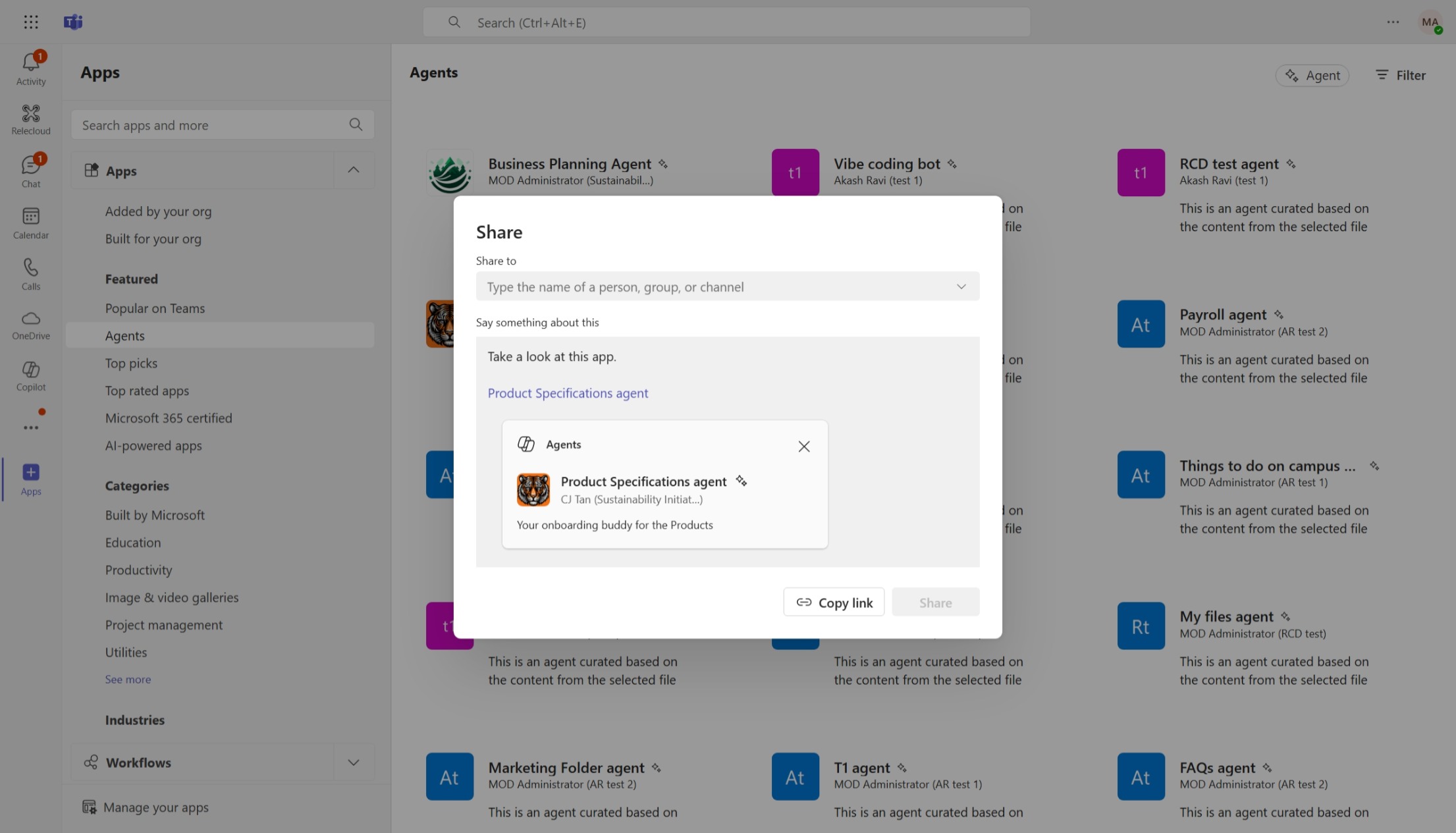 Sharing SharePoint agent from Teams app store.