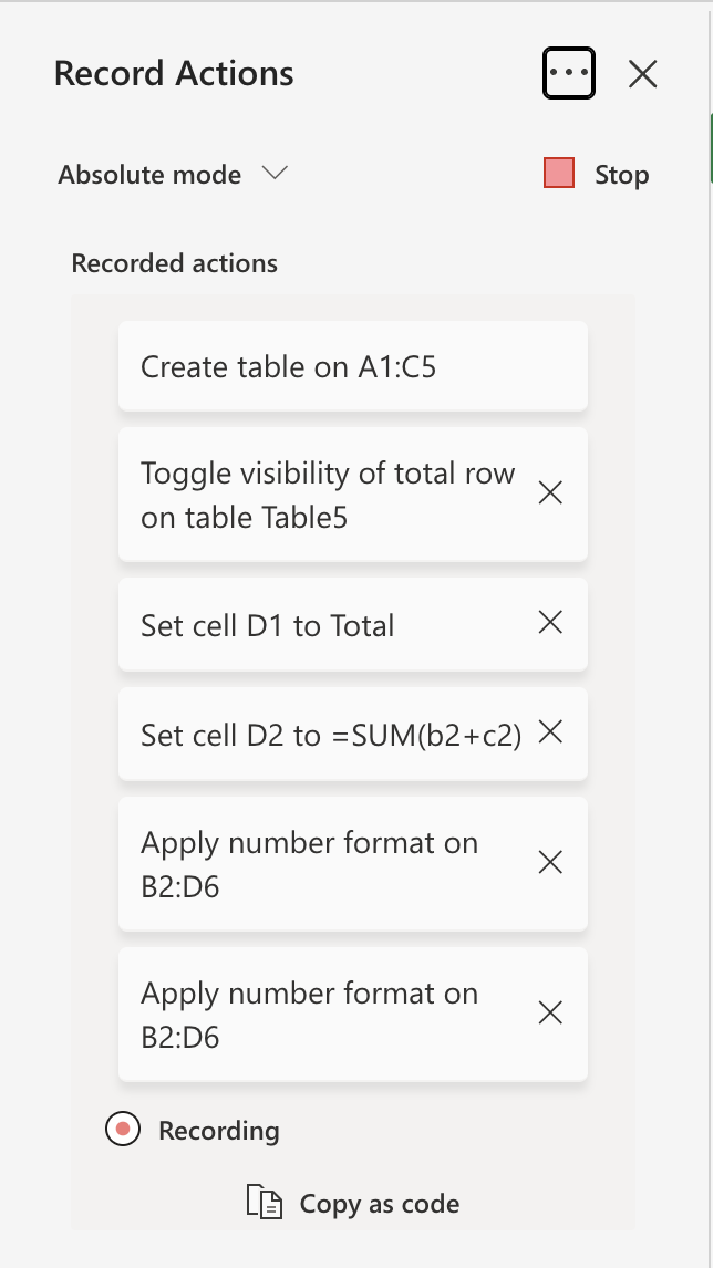 The Record Actions task pane shows the actions you take in your worksheet as they're recorded.
