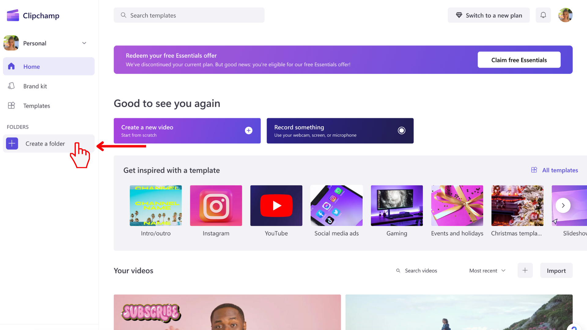 An image of a Clipchamp dashboard