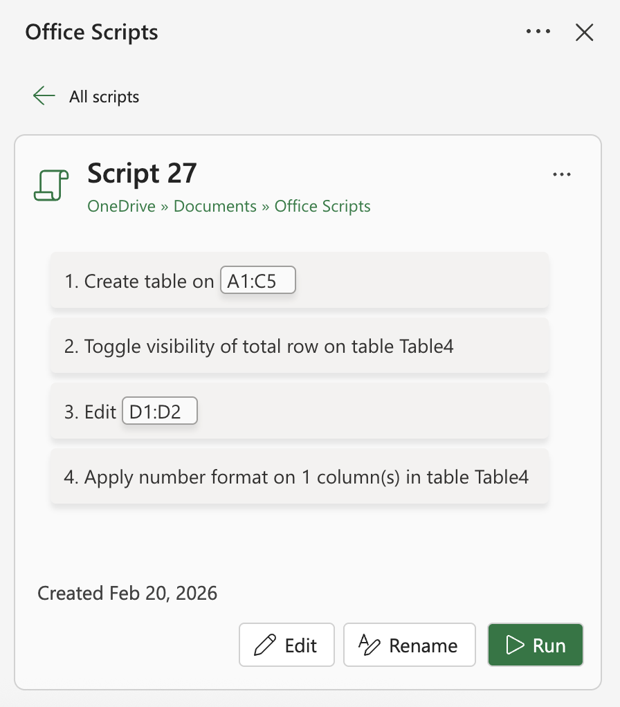 A recorded script that creates a table, toggles the visibility of a row, edits a cell, and applies number formatting.