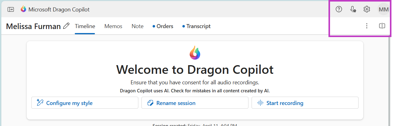 Dragon Copilot screen with icons highlighted in upper-right corner of screen