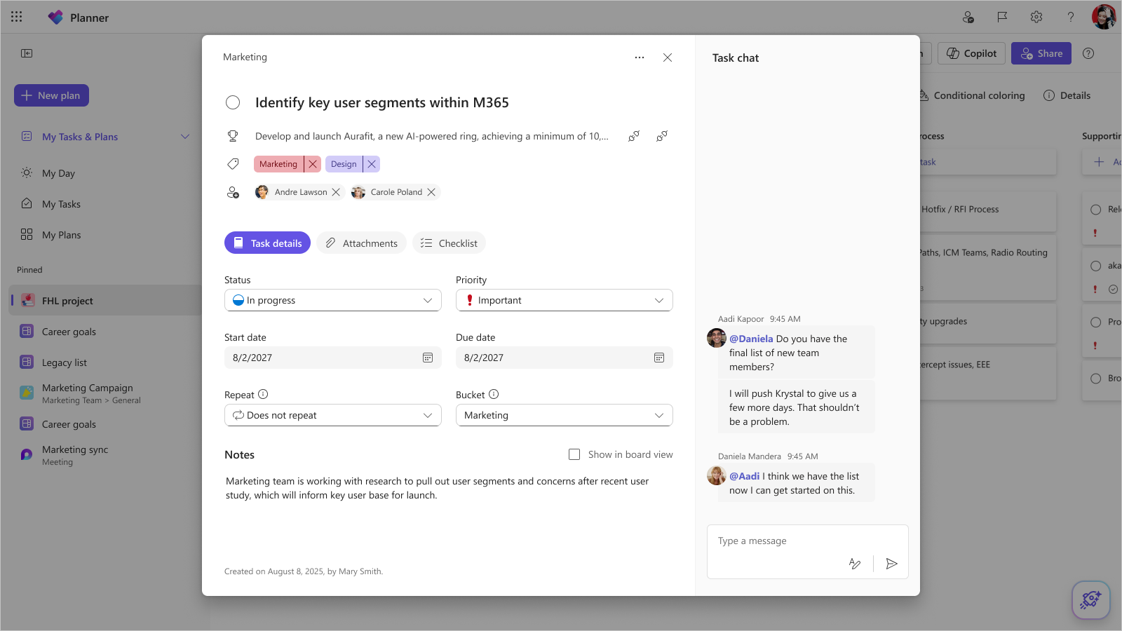 A screenshot of a task card in Planner for the web shows the new UI and the new Task chat pane to the right of the task details. Two plan members are chatting about the task using at mentions.