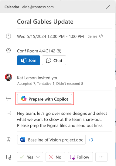 Prepare with Copilot button in Outlook calendar.