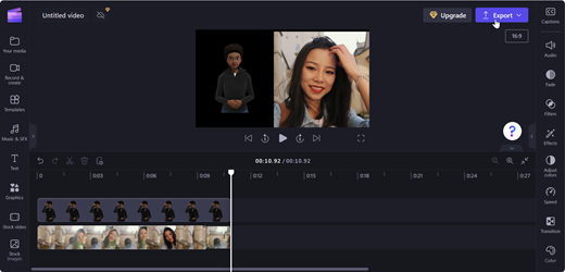 A screenshot of a Clipchamp editor's page with a pointer on the Export button to save the video clip.