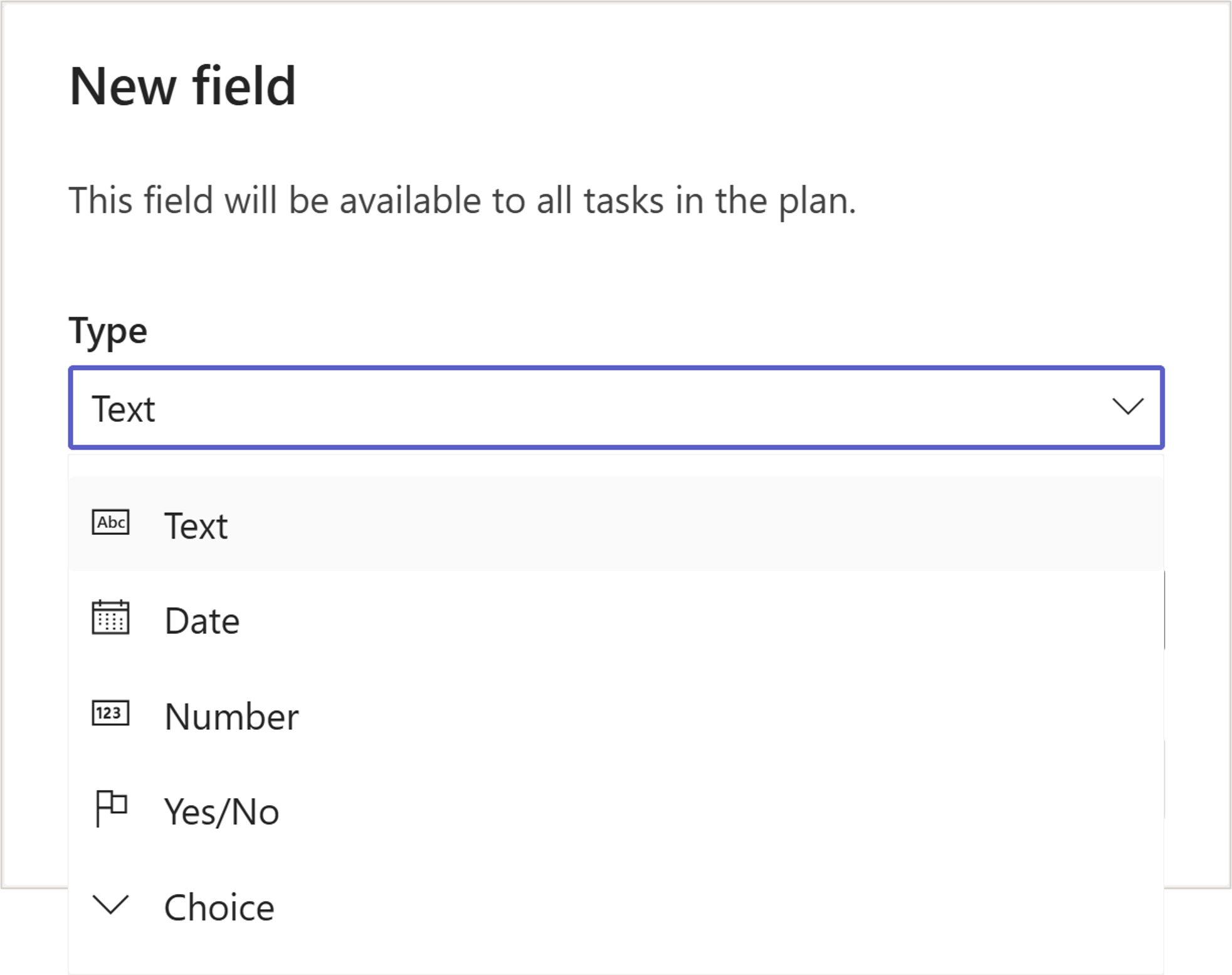 A cropped screenshot of the custom fields feature in Planner shows a drop-down with selections for Text, Date, Number, Yes/No, and Choice.
