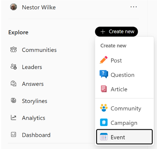 The Engage left nav provides the Create new menu.