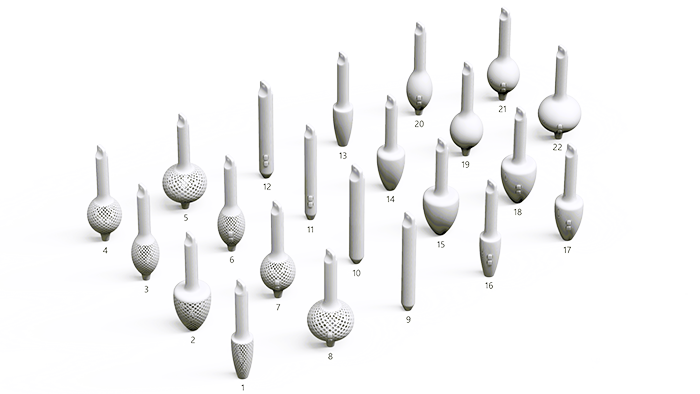 Numbered 3D-printable designs for Microsoft Business & Classroom Pen grips. Corresponding table will have designs labeled and numbered based on this image.