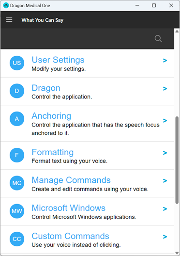 Dragon Medical One What You Can Say menu