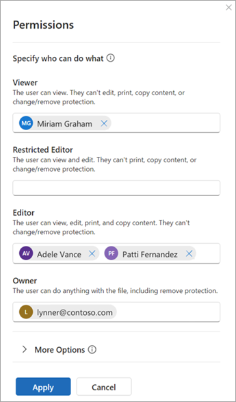 Screenshot of a dialog box titled 'Permissions' with options to add users as viewers, restricted editors, editors, and owners