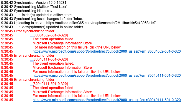 List of error in outlook log