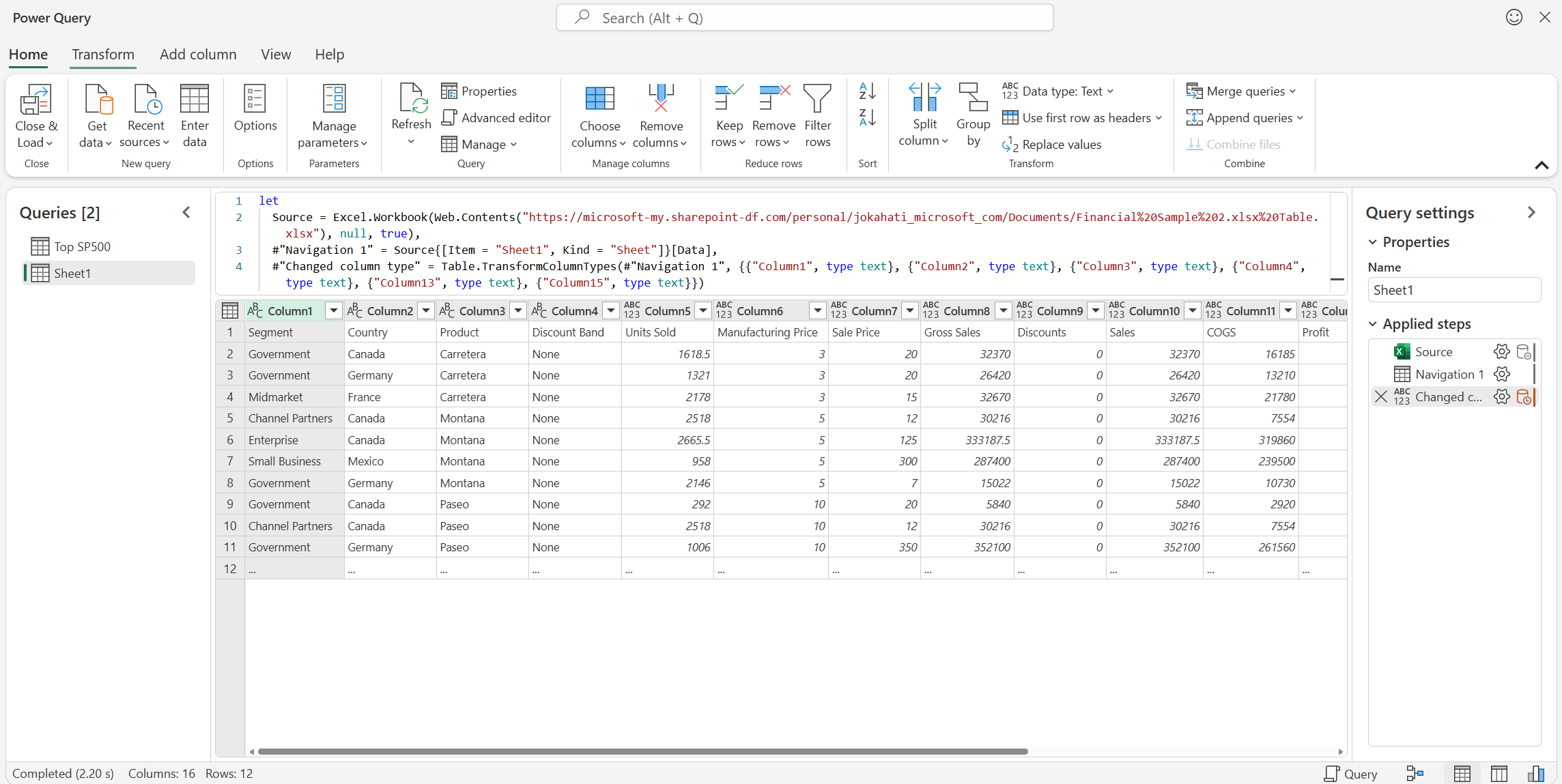 The Power Query editor upon launch.