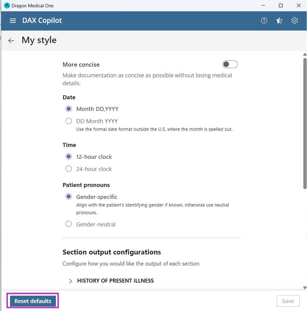 Settings page in DAX Copilot showing style options for documentation, date/time, pronouns, and section formatting. Includes a "Reset defaults" button.
